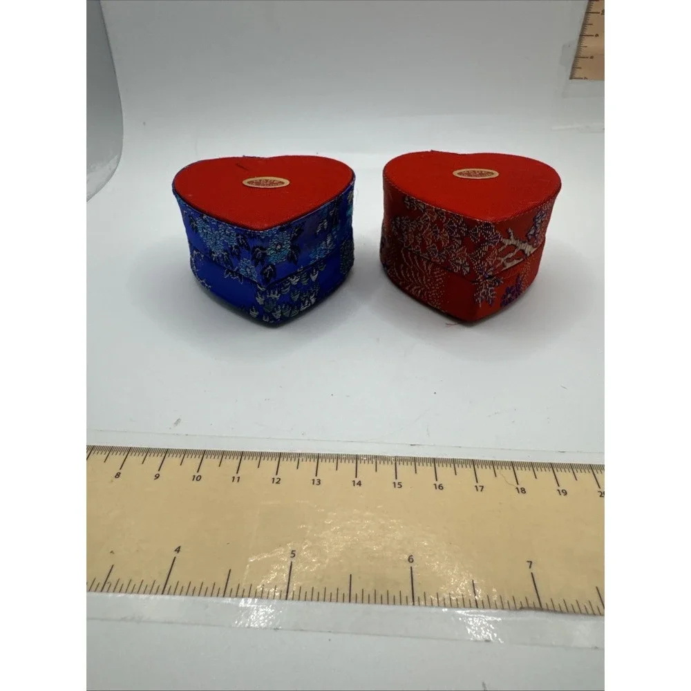 Set Of 2 Asian Ring Jewelry Box Compact Fabric Floral Portable - Heart Shaped
